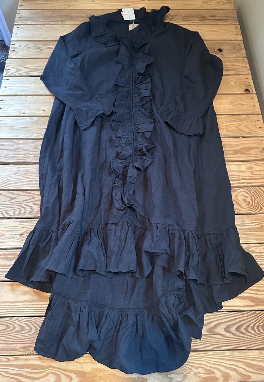 Carolina Benoit NWT Women’s Ruffle detail Long Sleeve Linen Dress Sz S Black F1